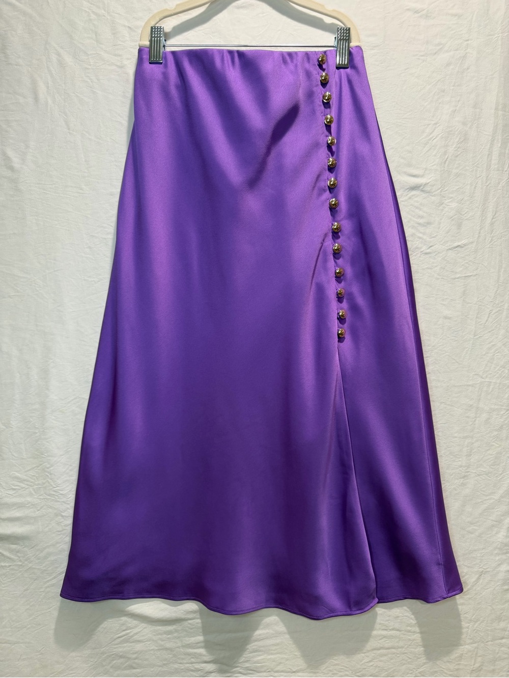 Ann Taylor Purple Satin Midi Skirt with Button Detail
